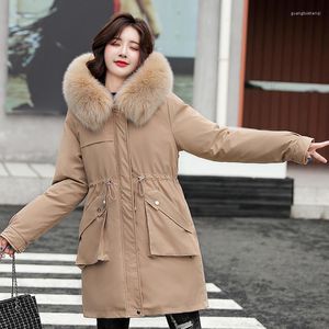 Trenchs Femme Hiver 2023 Parkas Femme Lâche Longueur Moyenne À Capuche Col Fourrure Ajouter De La Laine Pour Garder Au Chaud Manteau Banlieusard Élégant Kaki