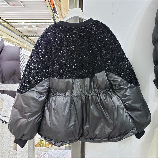 Trenchs pour femmes hiver 2023 femmes mode noir Bling paillettes coton veste cordon col montant Parkas fermeture éclair épaississement vêtements d'extérieur