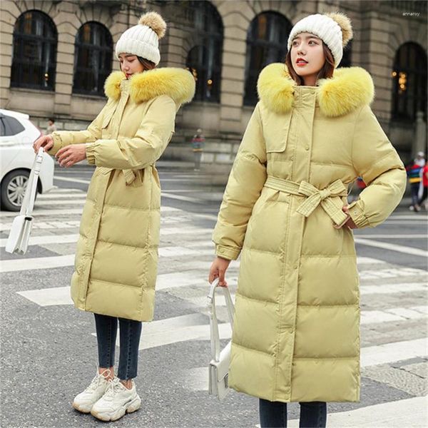 Trenchs de femmes manteaux hiver 2023 femmes mode col de fourrure veste en coton femme longue décontractée chaude à capuche parker avec ceinture