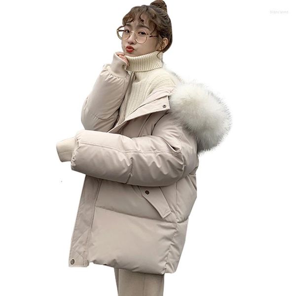 Trenchs pour femmes hiver Beige à capuche col en fourrure vêtements d'extérieur femmes vers le bas coton veste manteau 2023 pain en vrac plus épaissir rembourré décontracté