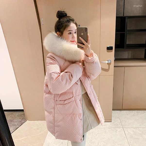 Abrigos de trinchera para mujer Ropa de invierno Moda Coreana Dulce Suelto Cuello de piel grande con capucha Espesar Cálido Rosa Parka Chaqueta Mujer Abrigo acolchado de algodón