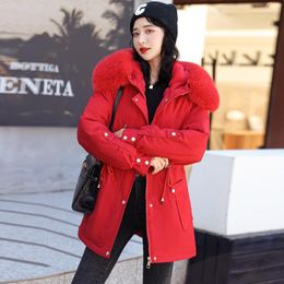 Dames Trenchcoats Winterkleding Dames 2023 Mode Koreaanse Verdikte Fluwelen Parka Warm Slanke Capuchon Katoen Manteau Femme Hiver LM385