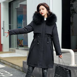 Trenchs pour femmes vêtements d'hiver femmes chaud épaissir Parkas grand col de fourrure mi-long manteau taille haute mince veste à capuche mode Zm806