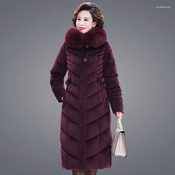 Trenchs de femmes manteaux vêtements d'hiver femmes violet fourrure long manteau avec capuche velours tissu coton rembourré chaud épais parkas vêtements d'extérieur