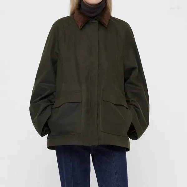 Trenchs de femmes manteaux d'hiver manteau femmes velours côtelé épissé revers armée vert veste parkas