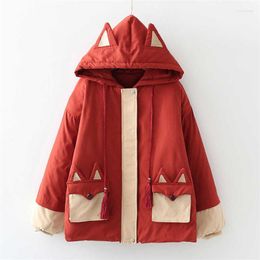 Damesgeuljagen winterjas vrouwen schattige grote zakken met een capuchon verdikte warm watten katoenen gevotneerde jas meisjes zachte japenese casual bovenkleding