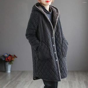 Trenchs de femmes manteaux d'hiver veste rembourrée en coton décontracté à capuche matelassée épaissir plus velours vêtements de dessus pour femmes rayures longues parkas vêtements