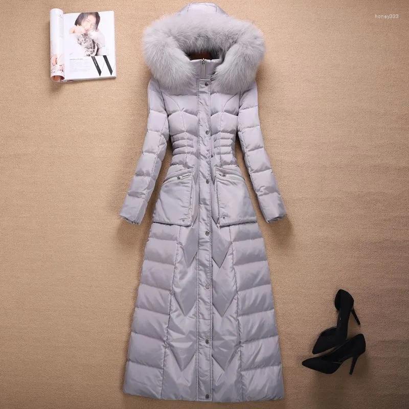 2023 Fashion Women's Slim Fit Winter full length down coat with Real Fur Collar - White Duck Coat, Hooded Parka for Large Size Females