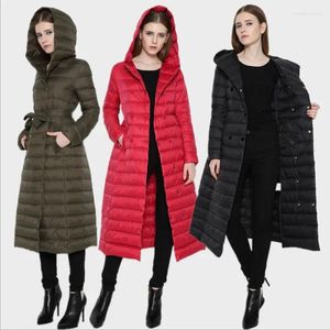 Vrouwen Trenchcoats Winter Donsjacks Vrouwelijke Capuchon Warme Parka Lange Stijl Dames Stropdas Riem Dikker Bovenkleding Windjack