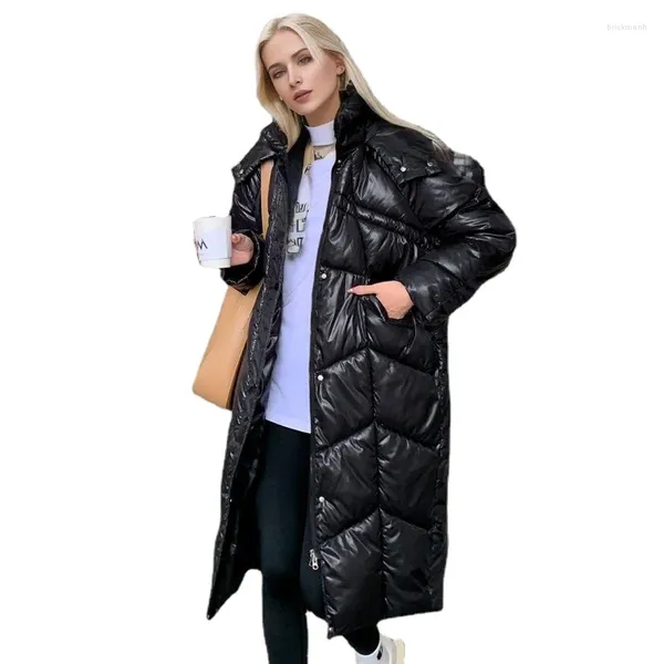 Trenchs de femmes manteaux d'hiver mode femmes vers le bas manteau de coton épaissi à capuche brillant visage lâche long grand manteau de neige pardessus