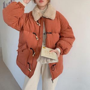 Trenchs de femmes manteaux d'hiver col de fourrure veste femmes vintage corne bouton coton dames décontracté doux épais chaud orange vêtements d'extérieur vêtements féminins