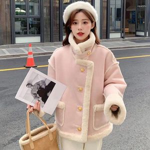 Dames Trenchcoats Winterbontjas Dames Kort Effen Kleur Roze Kasjmierjas Verdikking Dames Lange mouw Losse stiksels Parka Koreaans