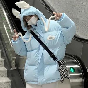 Trenchs de femmes Manteaux d'hiver Veste rembourrée en coton à capuche Étudiantes féminines Lâche Kawaii Oreilles Sauvage Épais Pain Vêtements Chaud Coton