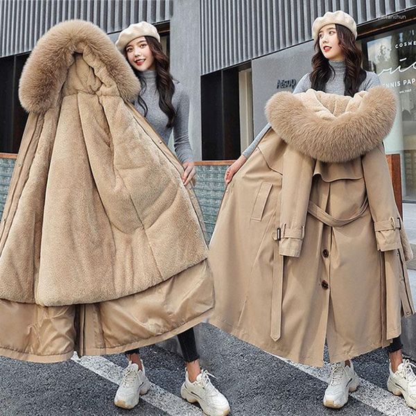 Trench-coat pour femme, veste d'hiver, parka, Long à capuche, col en fourrure, épais et chaud, à-30 degrés, 2023