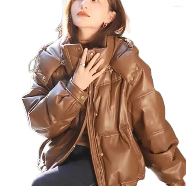 Gabardinas para mujer, chaqueta de invierno, lavable, a prueba de viento, cálida, con capucha, cuello alto, corto, PU, cuero proteico, pato