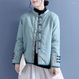 Trenchs de femmes manteaux veste d'hiver femmes coton vêtements femmes rétro et lin brodé disque boucle col montant chinois thermique