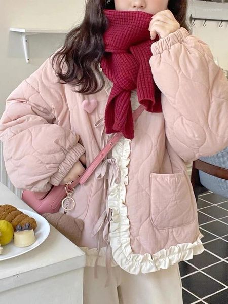 Abrigos de trinchera para mujer Chaqueta de invierno Mujeres Moda coreana Japonesa Kawaii Ruffles Pink Down Girl Dulce Lindo de gran tamaño Casual Flojo Lace Up