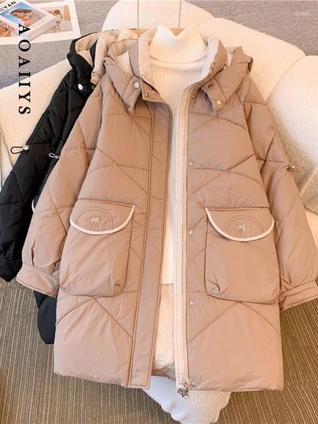 Abrigos de trinchera para mujer Chaquetas de color caqui de invierno para mujer Abrigo Parkas largas Oficina suelta Señora Casual con capucha Sólido Grueso Bolsillos simples Cálidos