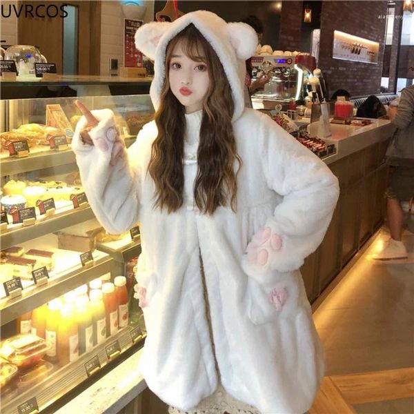 Trenchs de femmes manteaux d'hiver lolita veste chaude femmes douce douce peluche épaissie fille blanche oreilles de chat mignon anime à capuche parkas jeune