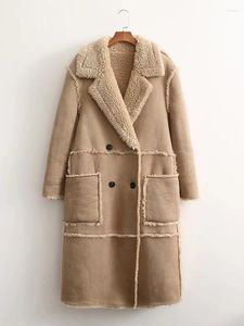 Trench-Coats pour femmes Suede longue parka fausse shearling mouton manteau femme épais en cuir en cuir fourrure vintage femelle