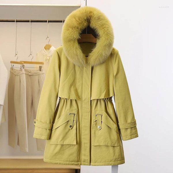 Trenchs femme hiver long épais manteau rembourré fourrure à capuche pardessus kaki clair