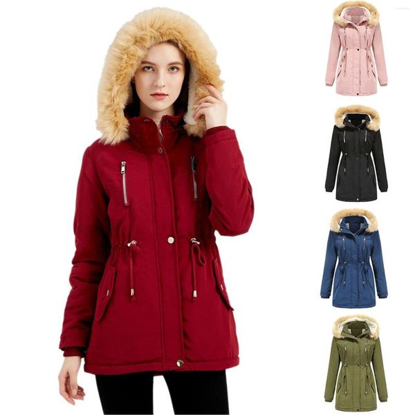 Abrigos de trinchera para mujer Chaqueta acolchada de invierno con cuello mullido Parques sueltos Mujeres Capucha impermeable para vellón