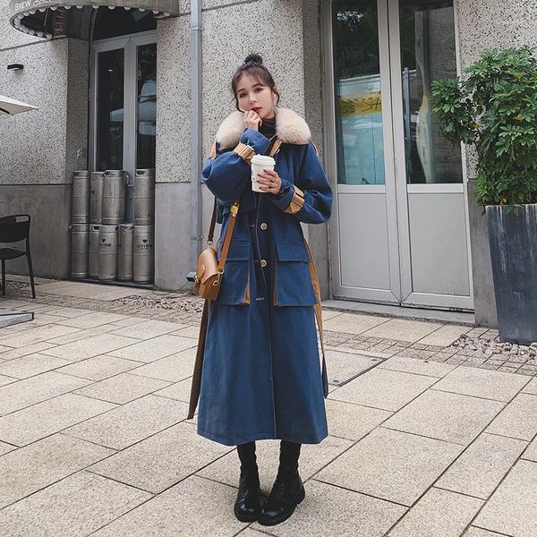 Femmes Trench-Coats Parkas D'hiver Coton Vêtements Long Bleu Chaud Avec Velours Grand Col De Fourrure Manches Coupe-Vent Manteau Casual Dames Outwear