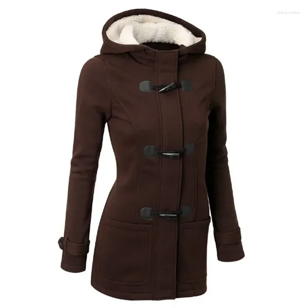 Trenchs de femmes manteaux d'hiver plus taille parkas à manches longues veste chaude gris solide capuche poche manteau s-6xl femmes coton corne bouton mince décontracté