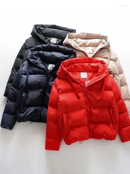 Gabardina para mujer, abrigo acolchado rojo de invierno para mujer, Chaqueta corta recortada con cremallera y capucha con bolsillo, Parkas coreanas para mujer, cálida y gruesa