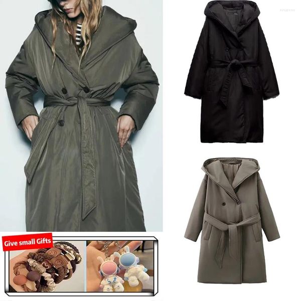 Trenchs femme Style hiver ceinturé Long manteau à capuche en coton épaissi