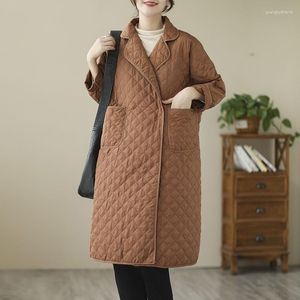 Abrigos de trinchera para mujer Estilo de invierno Retro Argyle Abrigos acolchados de algodón Longitud media Cortavientos Cálido Chaqueta de solapa con un solo botón Parkas 2023