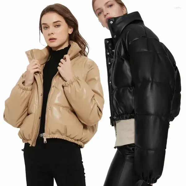 Gabardinas de mujer abrigos de invierno gruesos y cálidos Parkas cortas abrigo moda mujer PU cuero elegante cremallera chaquetas de algodón mujer damas