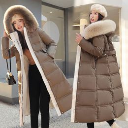 Dames Trenchcoats Winter Dikker Dons Mode Luxe Haarkraag Capuchon Winddicht Warm Getailleerd Witte Eend Lange Jas Bovenkleding