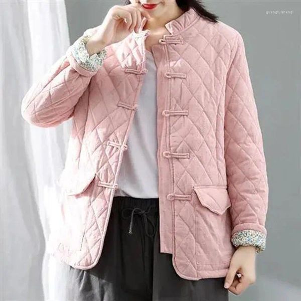 Trenchs pour femmes Manteaux d'hiver Vintage Coton Lin Blouse Vêtements Lâche Chaud Plaid Manteau Femmes Boucle Chinoise Épaisse Veste Casual Dames Tops