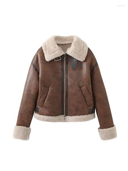 Gabardinas para mujer Invierno Vintage Piel de cordero Piel de oveja Chaqueta de cuero Otoño Harajuku Cálido Motocicleta Biker Abrigo Casual Gamuza Ropa exterior