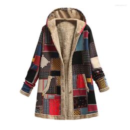 Damen Trenchcoats Winter Vintage Frauen Print Baumwollmantel Fleece Kapuzenjacke Dicke warme Tasche Langarm Oberbekleidung Plus Size Casual