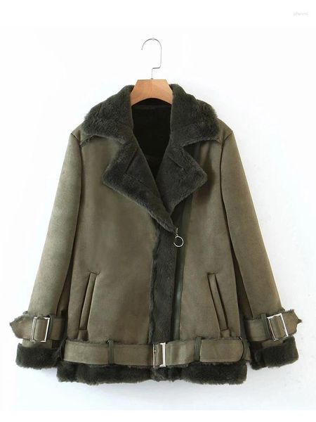 Abrigos de trinchera para mujer Invierno Cálido Fuax Fur Coallr Chaqueta de cuero de gamuza Shearling Abrigo de piel de oveja Parka Moto Biker con cinturón Solapa Cortavientos