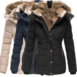 Casacos de trincheira femininos inverno quente gola de pele roupas de algodão manga longa zíper fino-ajuste algodão-acolchoado casaco com capuz