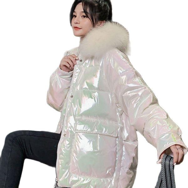 Trenchs de femmes Manteaux d'hiver Femme 2022 Blanc Coloré Wash Bright Face Veste de neige Femmes Big Col de fourrure Down Coton rembourré Hoode Femme