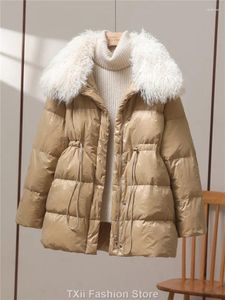 Trenchs de femmes Manteaux d'hiver Femmes Faux Collier de laine d'agneau Revers Cordon de serrage Manteau Lady Casual Blanc Canard Down Midi Puffer Parka Outwear