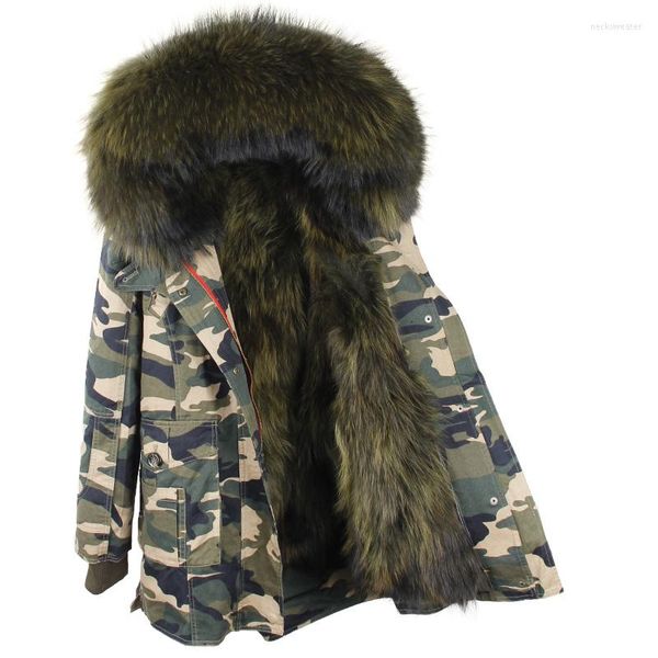 Abrigos de trinchera para mujer Chaquetas de invierno para mujer Cuello de piel de mapache grande real Grueso Damas Down Parkas Ejército Verde