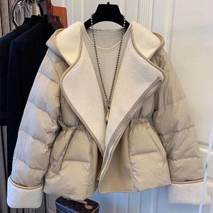 Abrigos de trinchera para mujer Invierno Mujeres Lana de cordero Patchwork Parka Mujer Turn-Down Collar Outwear Grueso Cálido Capucha suelta Chaqueta acolchada de algodón