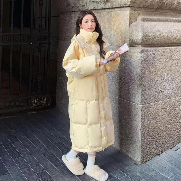 Trenchs de femmes Manteaux d'hiver Jaune Down Coton Veste Femmes 2024 Mode coréenne Longue capuche à grande poche Manteau épais chaud coupe-vent Parka
