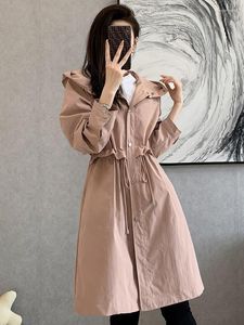 Femmes Trench Coats Femme Long Coupe-Vent Mode Coréenne Grande Taille Dames 2023 Automne À Capuche Lâche Poches Cardigan Cordon Veste