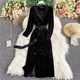 Trench femme manteau femme robe d'hiver Vintage col cranté Wrap noir velours Maxi coupe-vent chaud long survêtement femme
