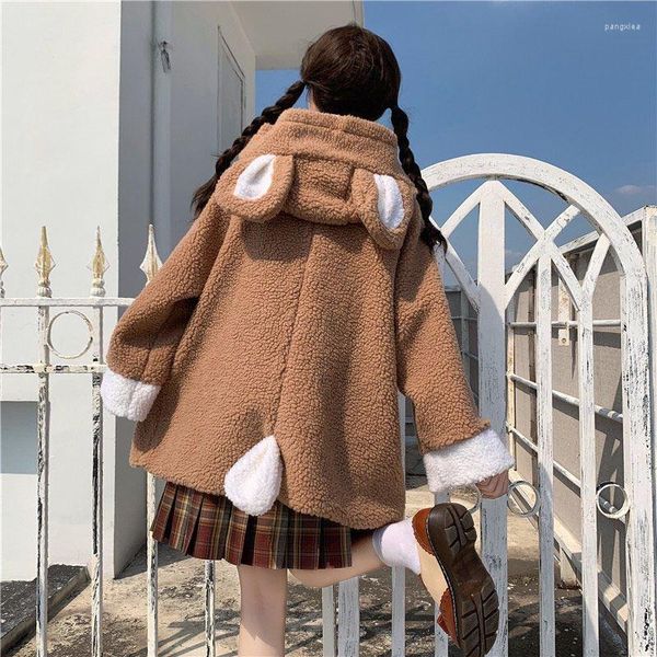 Trenchs de femmes manteaux veste femme japon fille oreilles manteau de fourrure d'agneau femme automne hiver surdimensionné velours lâche coton chaud à capuche