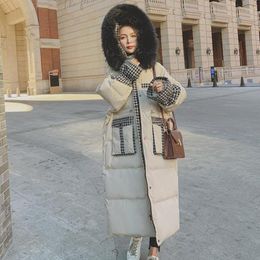 Gabardina para mujer, abrigo largo de algodón de invierno para mujer, estilo de fragancia pequeño, costura Beige, cuello de piel grande, con capucha, pan súper cálido suelto