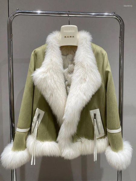 Trenchs de femmes manteaux femmes bloc couleur manteau de fourrure courte mode chaud col réel manches longues doublure veste femme marée hiver