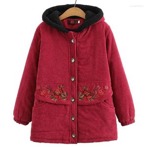 Trenchs de femmes Manteaux Femmes Vêtements Parka Femme Manteau d'hiver à capuche chaude veste rembourrée en coton velours côtelé lâche brodé long vêtement d'extérieur féminin