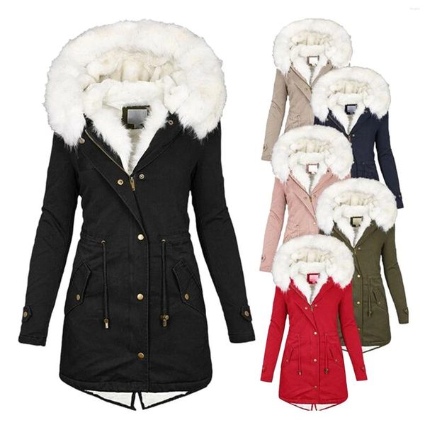 Capas de zanja para mujeres Fashion Fashion Fashion Outumn and Winter Long White Fur Collar Manga con capucha Botón de cintura Alta Policita de bolsillo